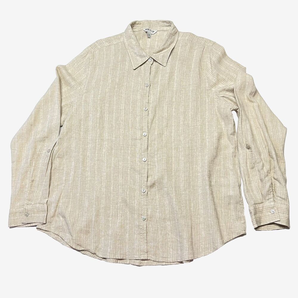 Orvis Women Linen Blend Button Roll Sleeve Stripe Shirt Coastal XL Beige Oatmeal